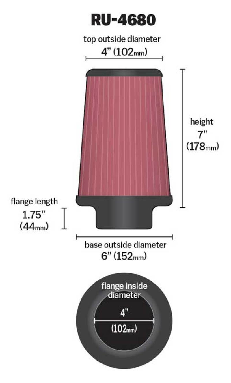 K&N Engineering Universal Clamp-On Air Filter 4-inch Flange / 6-inch Body / 4-inch Top / 7-inch Height – Model RU-4680