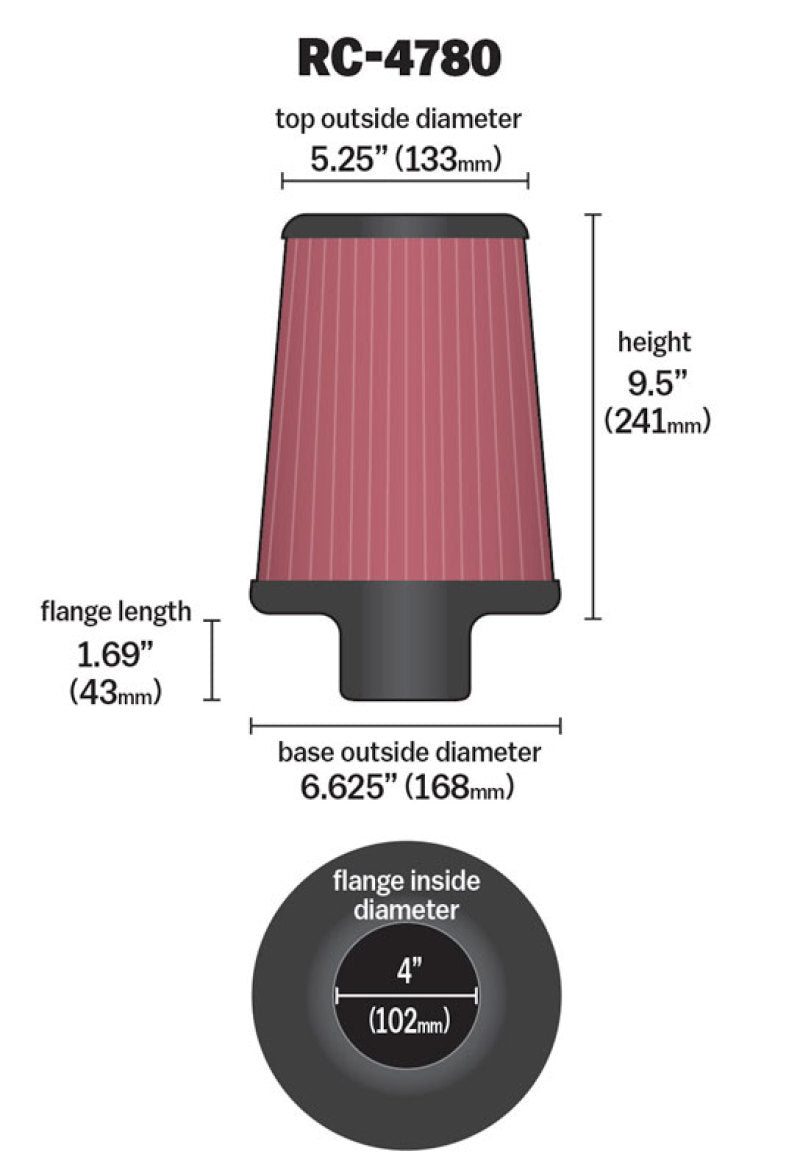K&N Engineering RC-4780 Universal Round Tapered Air Filter – 4-inch Flange, 6.625-inch Base Diameter, 5.25-inch Top Diameter, 9.5-inch Height