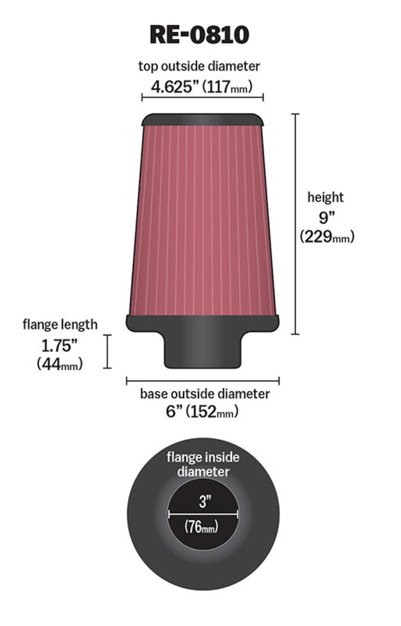 K&N Engineering Universal Rubber Air Filter Part RE-0810 – 3 Inch Flange, 6 Inch Outer Diameter, 4 5/8 Inch Inner Diameter, 9 Inch Length