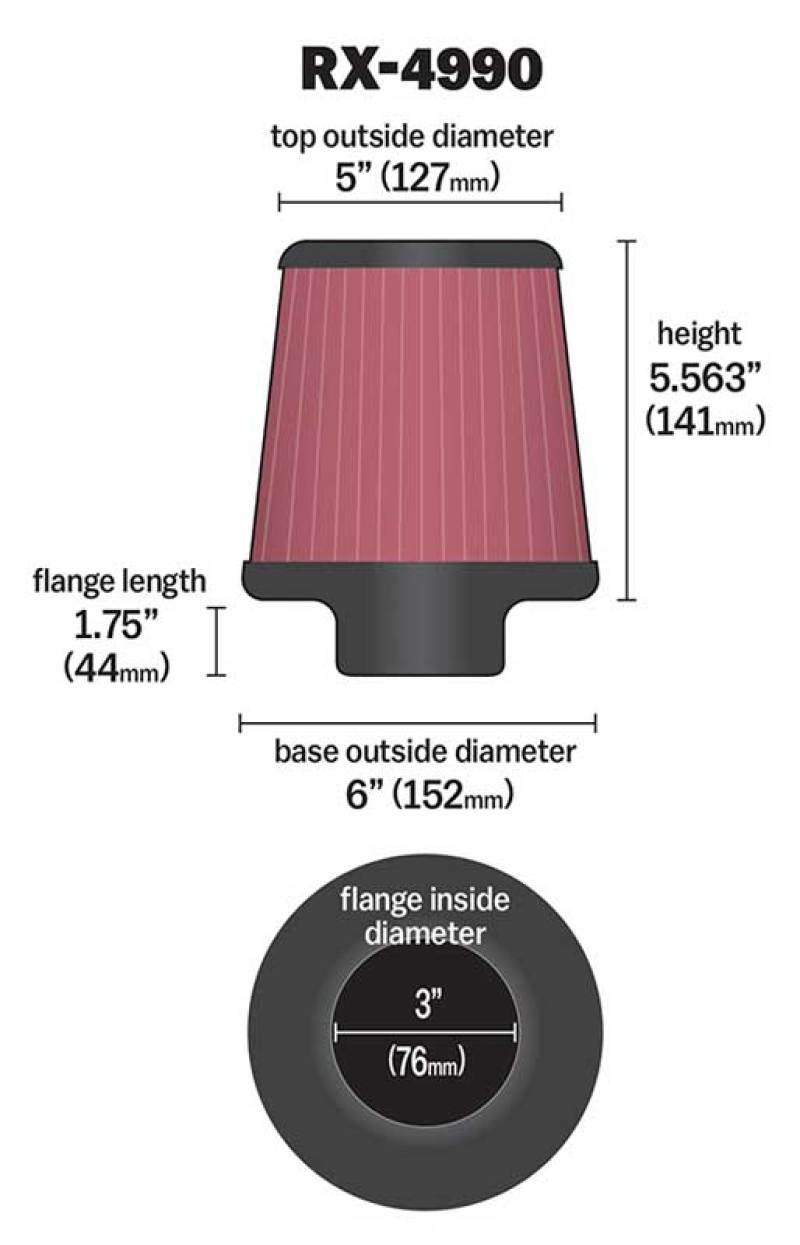 K&N Engineering RX-4990 Universal X Stream Clamp-On Air Filter with 3 Inch Flange and 5 9/16 Inch Height