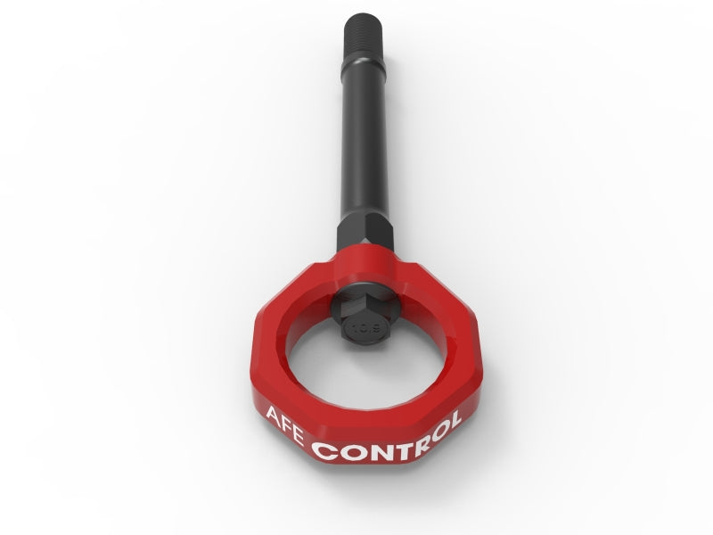 aFe CONTROL Front Tow Hook for Chevrolet Corvette C8 (2020-2026) Red - CNC Machined 4130 Steel with Vibra-tite Threadlocker