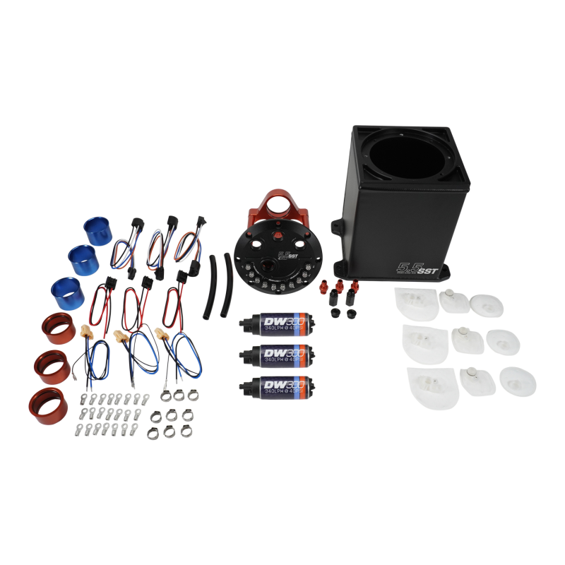 DeatschWerks 5.5L Modular Surge Tank with Three DW300 Fuel Pumps for High-Performance Automotive Applications