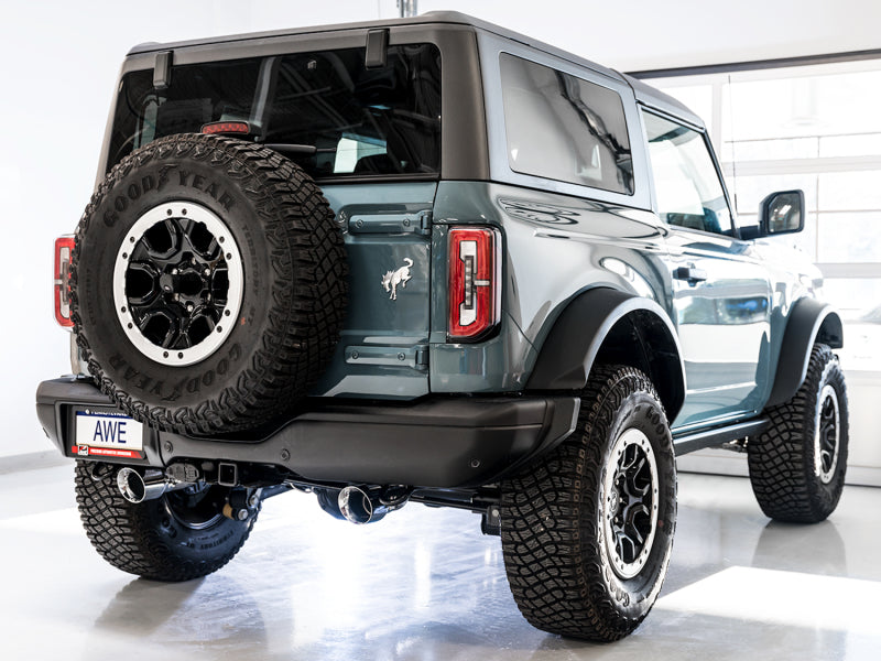 AWE Tuning 0FG Dual Rear Exit Exhaust with BashGuard™ for Ford Bronco – Diamond Black Tips