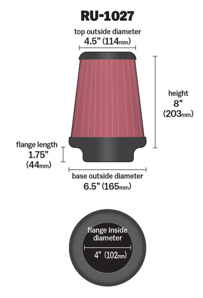 K&N Engineering RU-1027 Universal Clamp-On Air Filter – 4 Inch Flange, 6.5 Inch Body, 4.5 Inch Top, 8 Inch Height