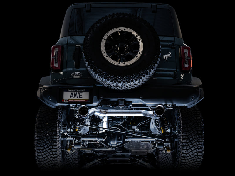 AWE Tuning 0FG Dual Rear Exit Exhaust with BashGuard™ for Ford Bronco – Diamond Black Tips