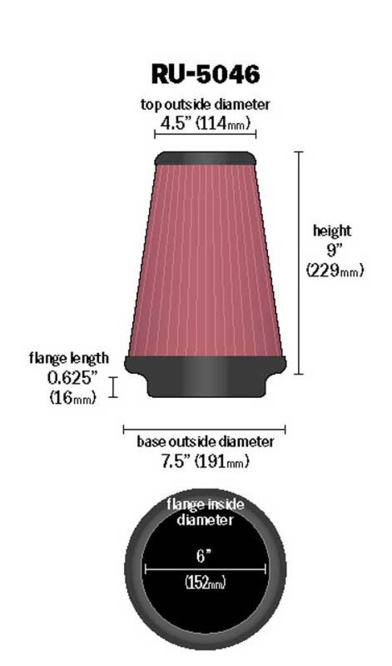K&N Engineering Universal Clamp-On Air Filter - 6 inch Flange / 7-1/2 inch Body / 4-1/2 inch Top / 9 inch Height