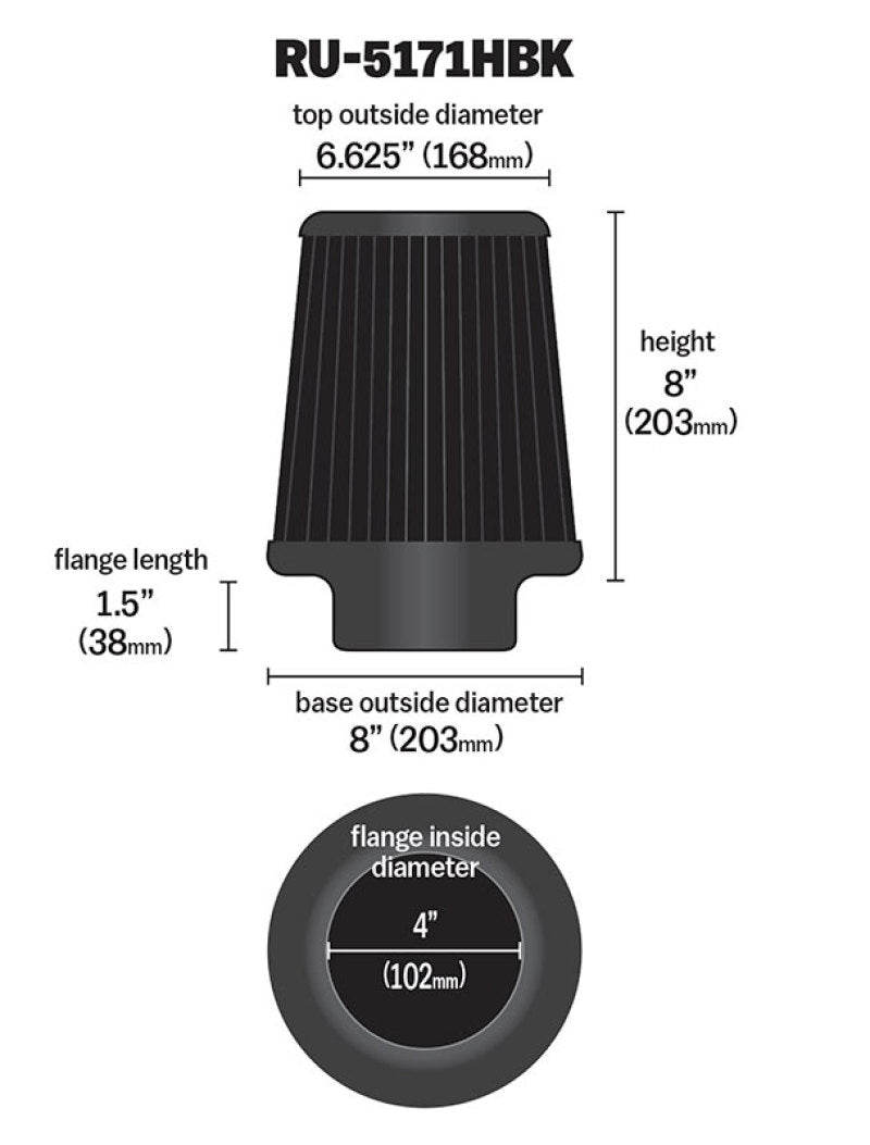 K&N Engineering RU-5171HBK Universal Rubber Round Tapered Air Filter for Dodge Ram 2500 and 3500