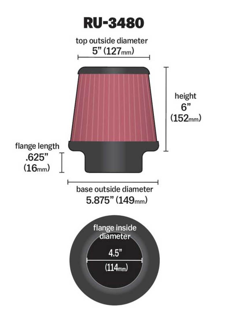 K&N Engineering Universal Rubber Air Filter - 4.5 Inch Flange, 5.88 Inch Base, 5 Inch Top, 6 Inch Height