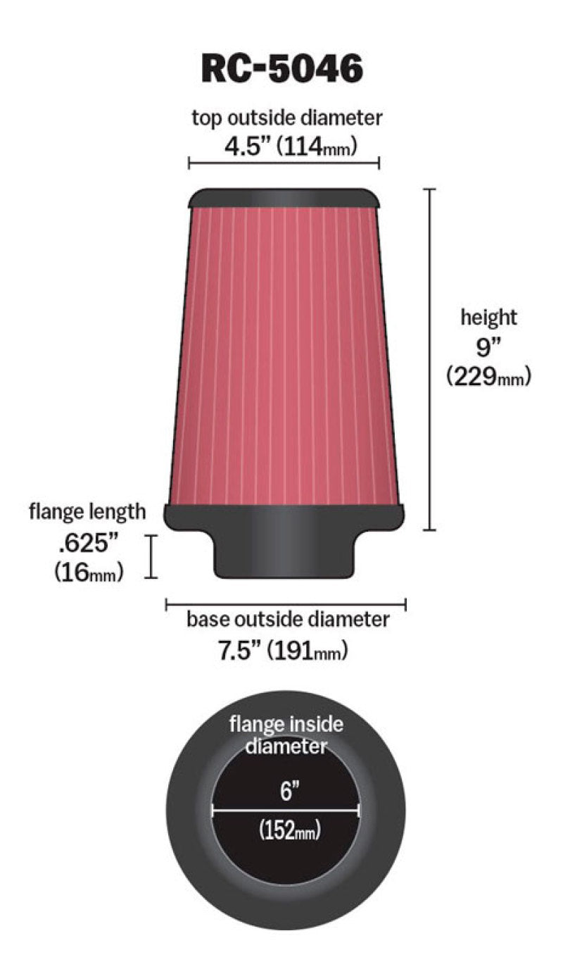 K&N Engineering RC-5046 Universal Chrome Air Filter - 6 Inch Flange, 7.5 Inch Base, 4.5 Inch Top, 9 Inch Height