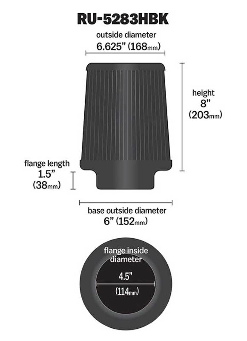 K&N Engineering RU-5283HBK Universal Rubber Round Tapered Air Filter for Ford F-250 Super Duty, 4.5 inch Flange ID