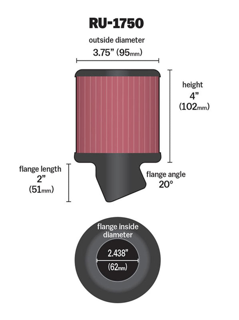 K&N Engineering Universal Rubber Round Straight Air Filter Part RU-1750 – 20° Angled, 2-7/16 Inch Flange, 3-3/4 Inch Outer Diameter, 4 Inch Height