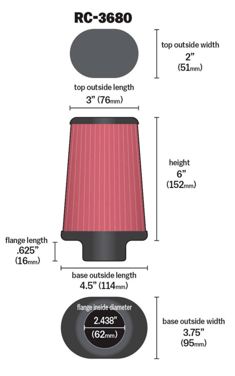 K&N Engineering Universal Clamp-On Air Filter with 2-7/16 Inch Flange – Model RC-3680