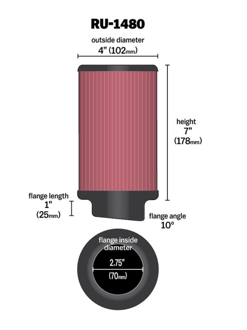 K&N Engineering Universal Rubber Air Filter with 10 Degree Flange - 4-inch Outer Diameter, 2.75-inch Flange ID, 7-inch Height