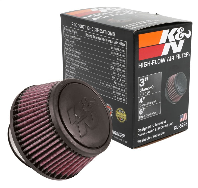 K&N Engineering Universal Round Clamp-On Air Filter with 3-Inch Flange ID - Model RU-5288