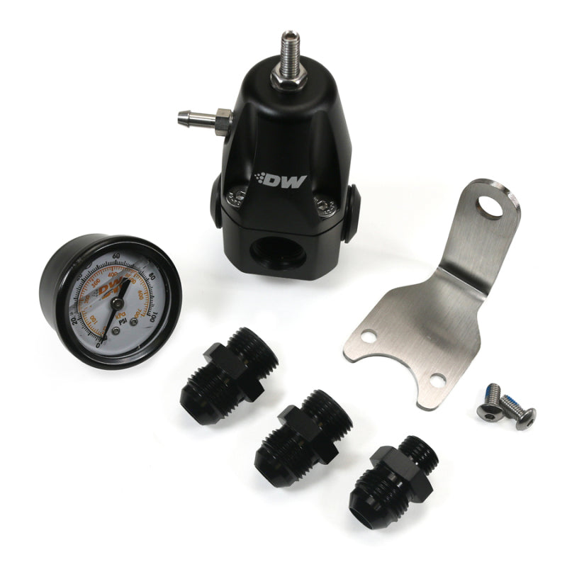 DeatschWerks DWR1000 Adjustable Fuel Pressure Regulator with Pressure Gauge and Fittings - Anodized Black