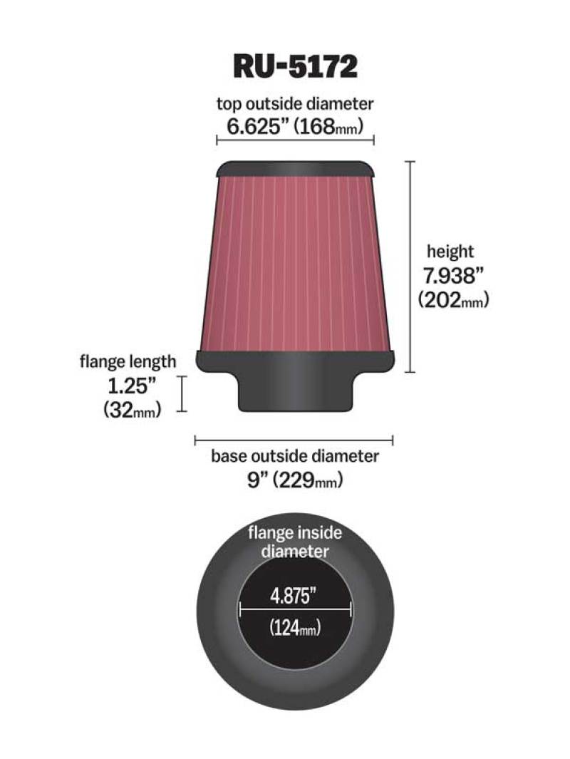 K&N Engineering Universal Rubber Round Air Filter - 4.875-inch Flange ID, 9-inch Base OD, 6.625-inch Top OD, 7.938-inch Height, Part Number RU-5172