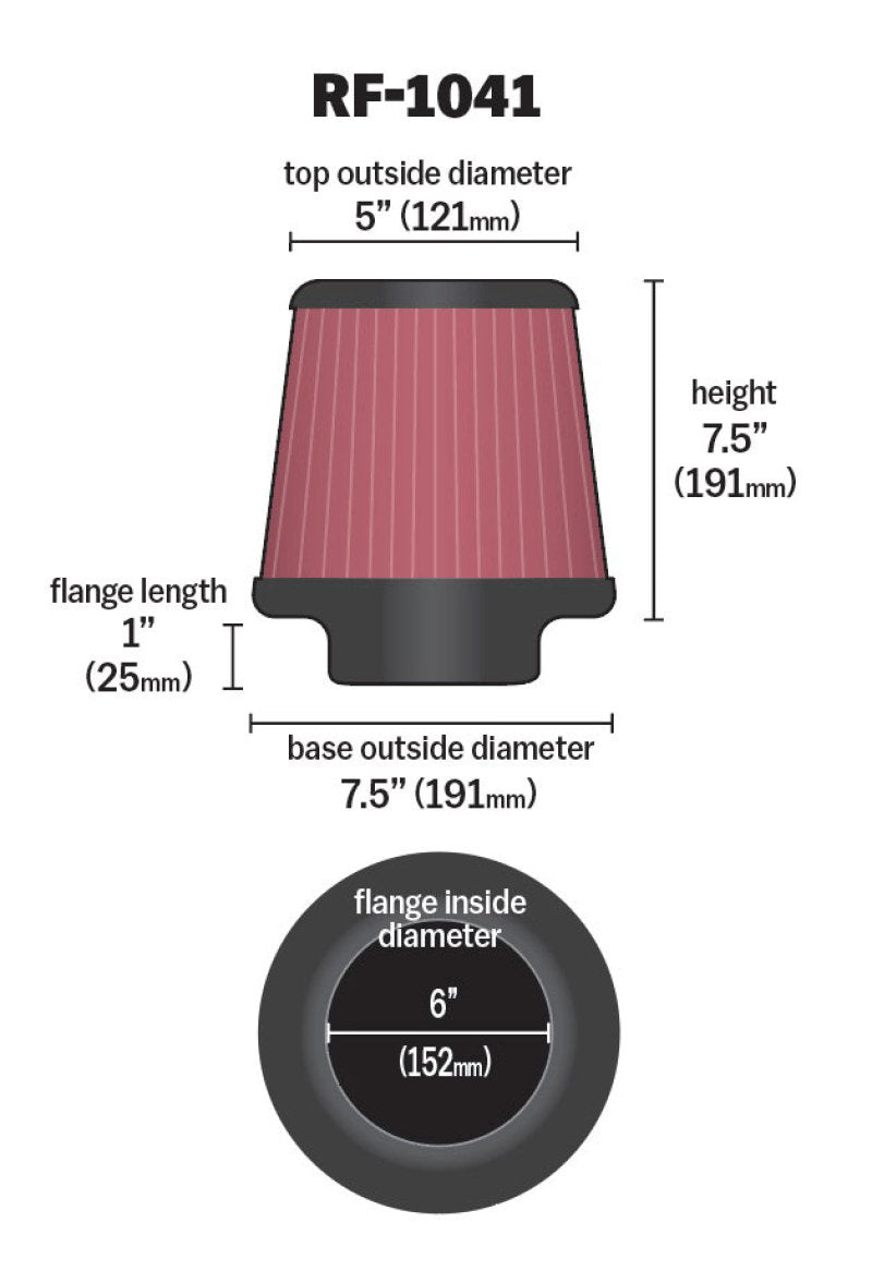 K&N Engineering RF-1041 Round Tapered Universal Air Filter - 6 Inch Flange, 7 1/2 Inch Base & Height