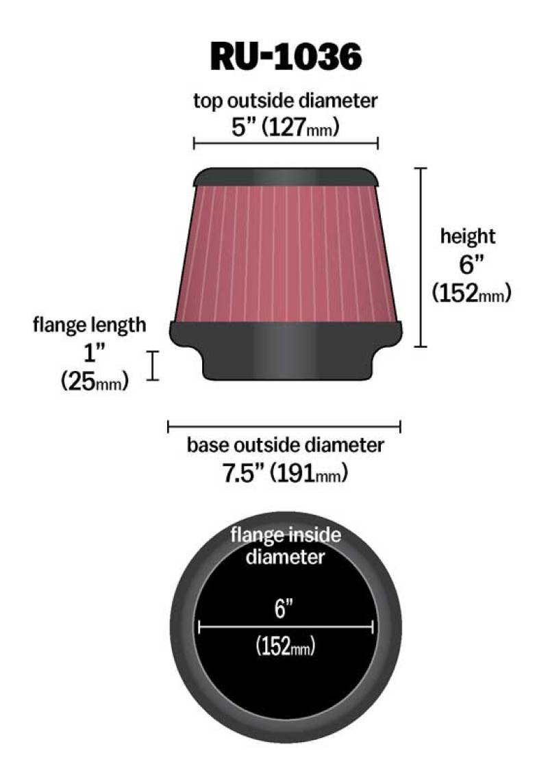 K&N Engineering Universal Clamp-On Air Filter - 6 inch Flange / 7.5 inch Body / 5 inch Top / 6 inch Height