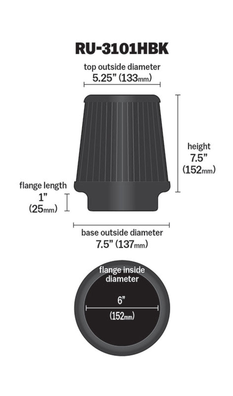 K&N Engineering RU-3101HBK Black Universal Round Tapered Air Filter - 6 Inch Flange ID