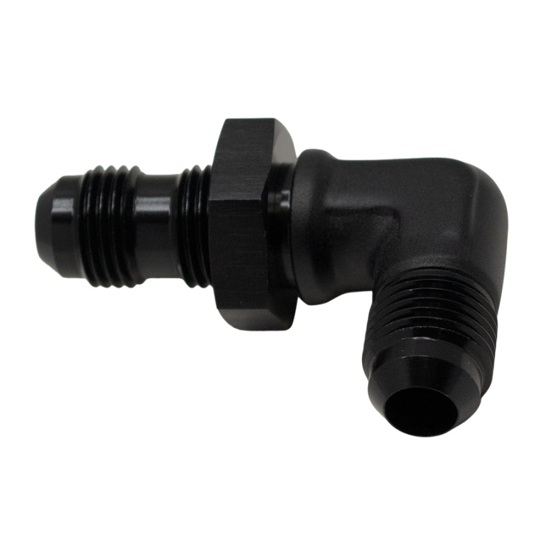 DeatschWerks 6AN Male Flare to 6AN Male Flare Bulkhead Adapter 90-Degree Anodized Matte Black