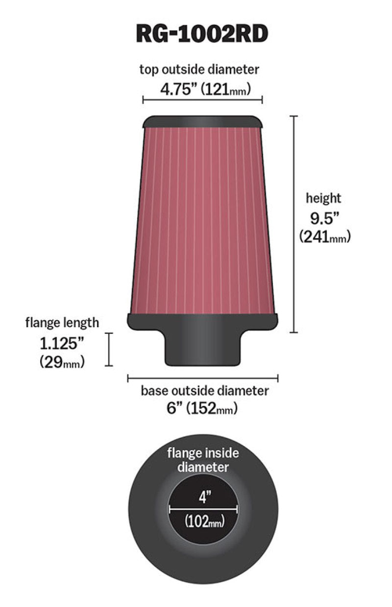 K&N Engineering Universal Air Filter Chrome Round Tapered - 4 Inch Flange ID, 1.125 Inch Flange Length, 9.5 Inch Height