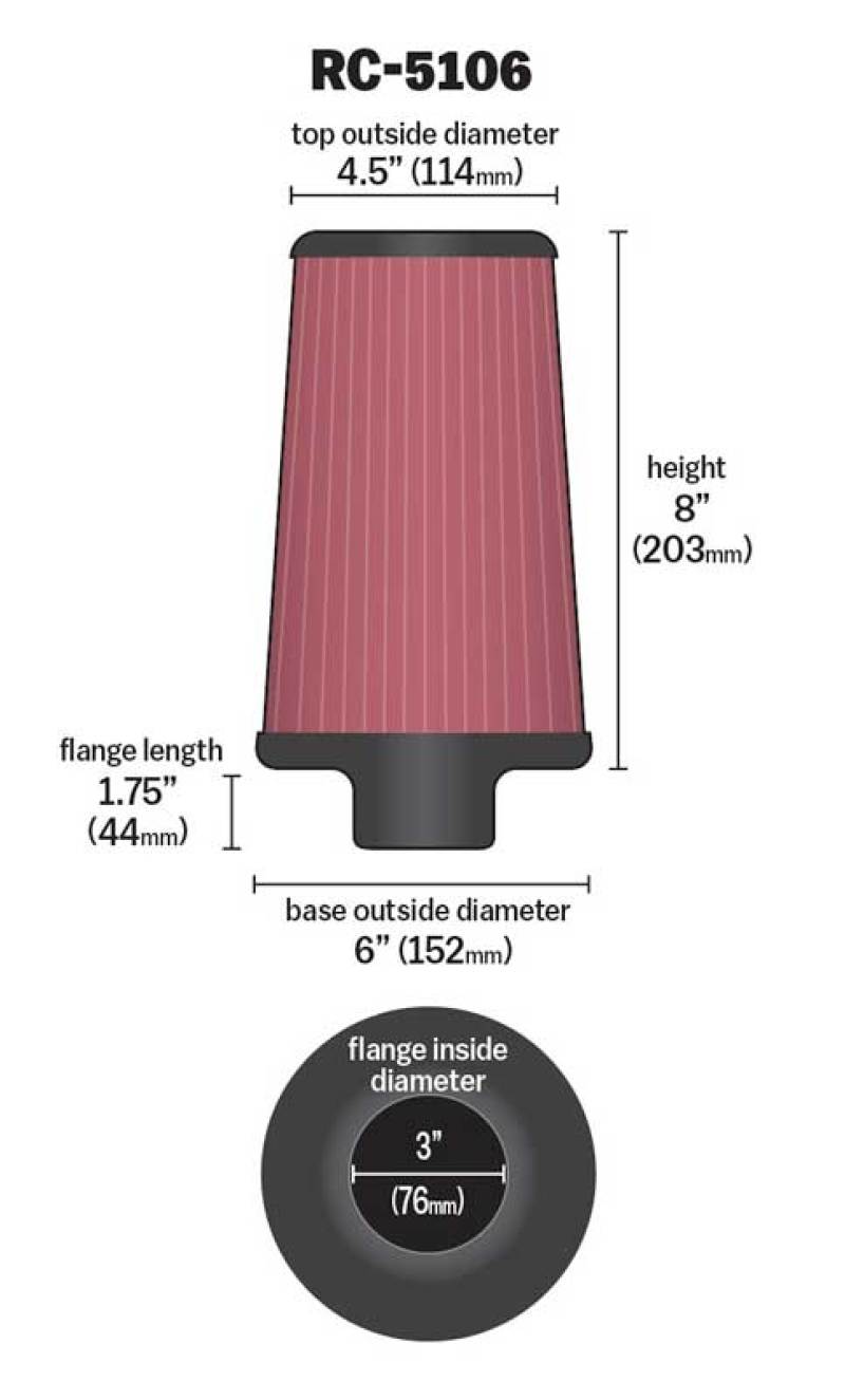 K&N Engineering RC-5106 Universal Chrome Round Tapered Air Filter for Dodge Ram 1500 (3-inch Flange, 8-inch Height)