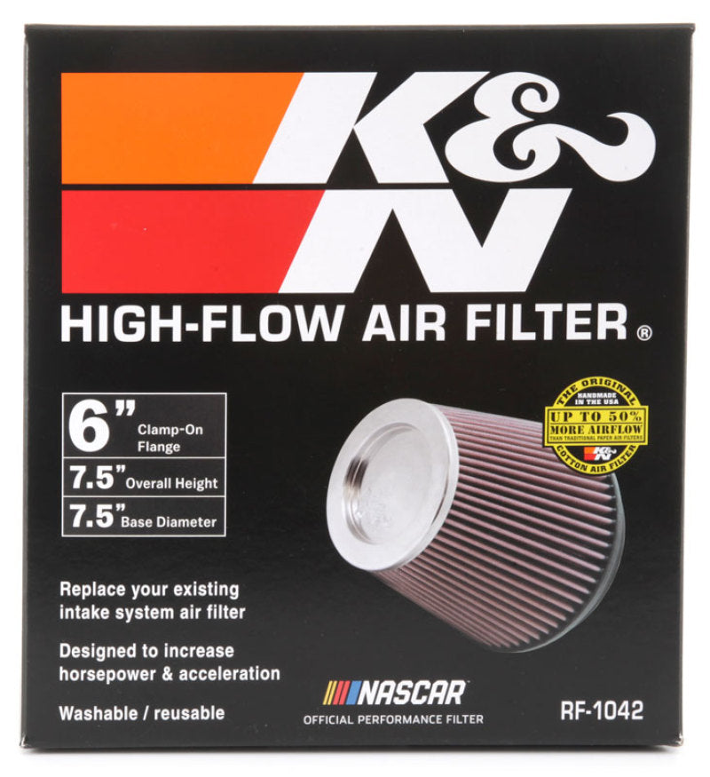 K&N Engineering RF-1042 Round Tapered Universal Air Filter – 6 Inch Flange, 7.5 Inch Base OD, 5 Inch Top OD, 6.5 Inch Height