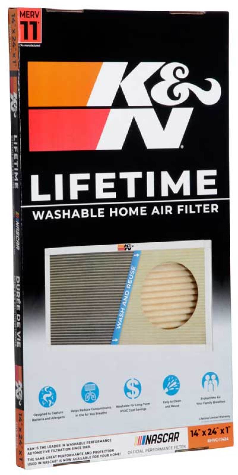 K&N Engineering HVAC Filter Part HVC-11424 – Washable & Reusable, MERV 11 Pleated Synthetic Media, 14 x 24 x 1 Inches