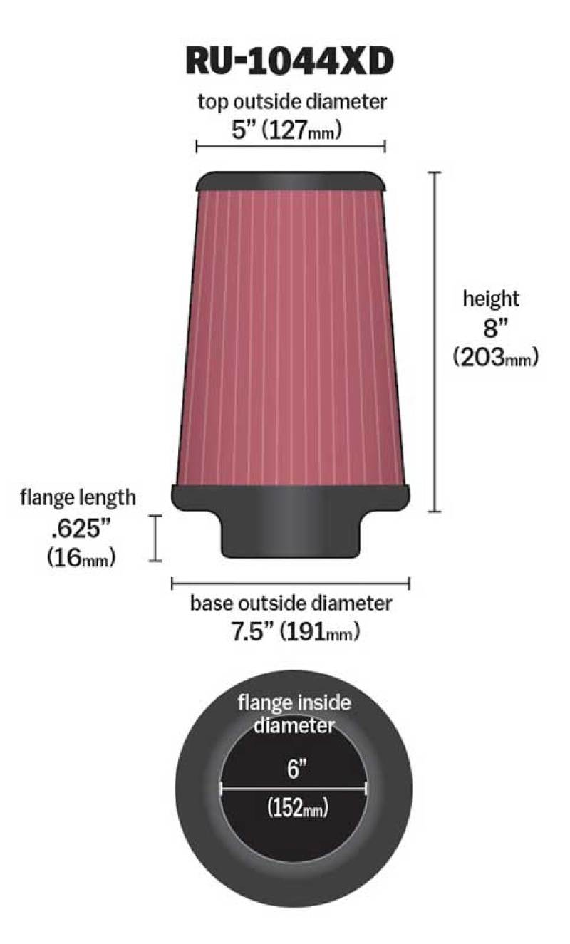 K&N Engineering Universal Clamp-On Air Filter 6 inch Flanged / 7-1/2 inch Body / 5 inch Top / 8 inch Height (Part Number: RU-1044XD)