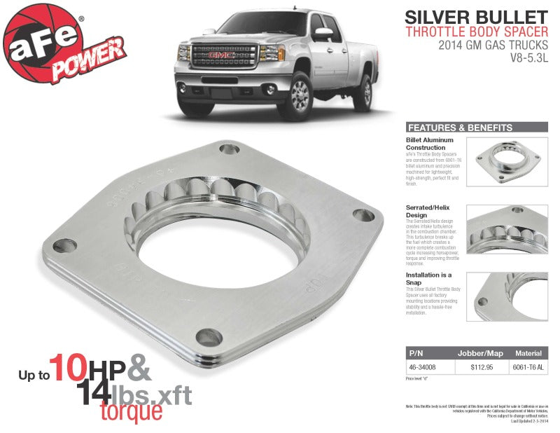 aFe Silver Bullet Throttle Body Spacer Kit for GM Silverado/Sierra 1500 V8 5.3L (Part #46-34008)