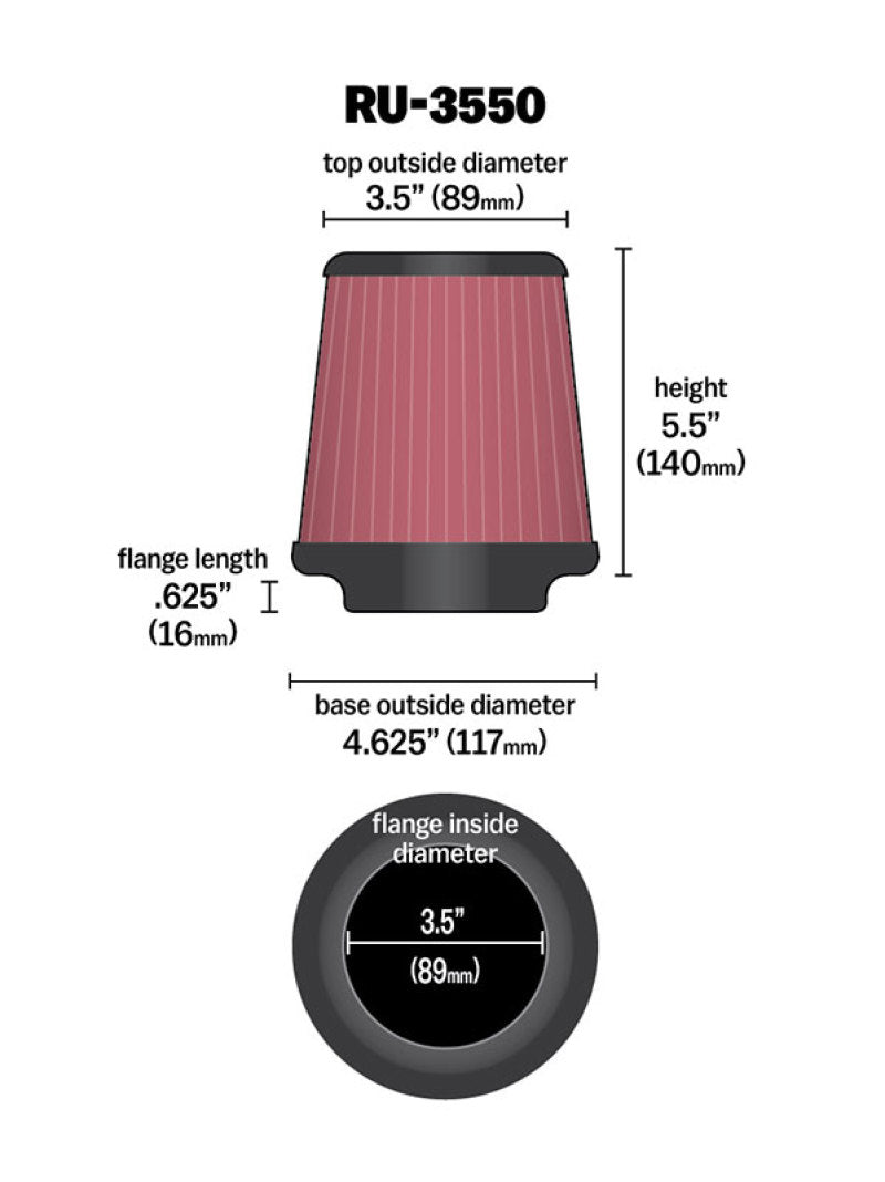 K&N Engineering Universal Rubber Air Filter - 3.5 Inch Flange, 4.625 Inch Base, 3.5 Inch Top, 5.5 Inch Height