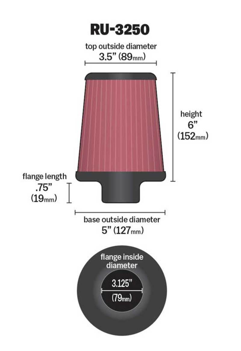 K&N Engineering RU-3250 Universal Tapered Air Filter with 3.125-inch Flange ID and 6-inch Height