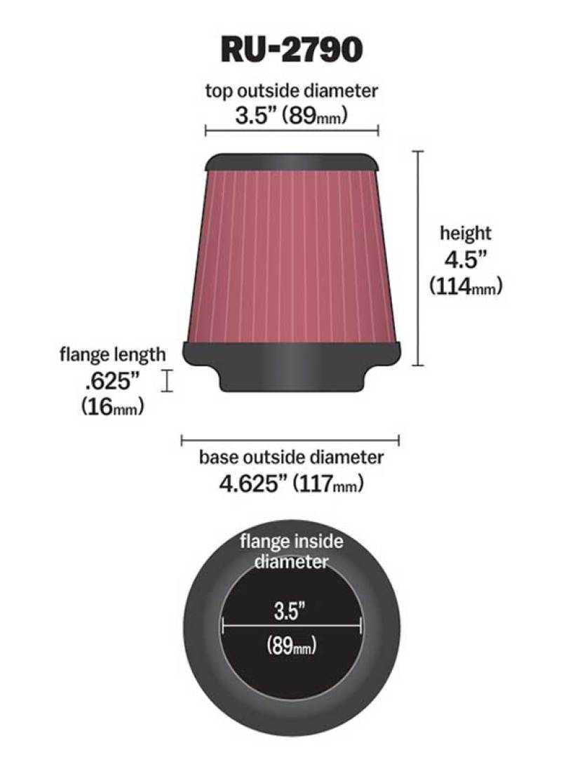 K&N Engineering Universal Rubber Air Filter with 3.5-inch Flange - Part Number RU-2790