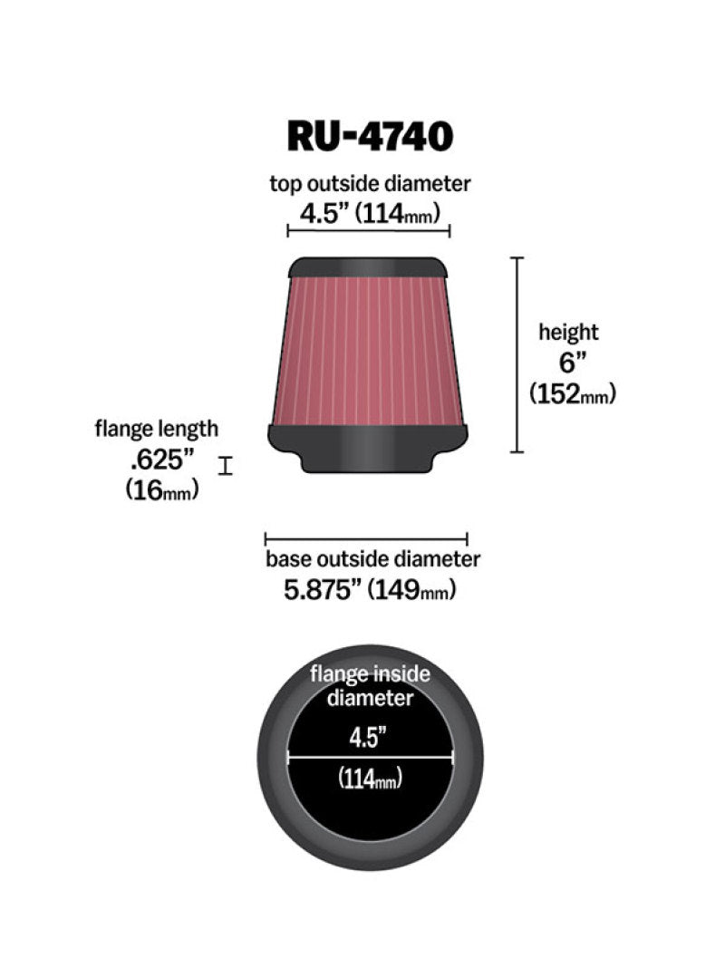 K&N Engineering Universal Rubber Round Tapered Air Filter - 4.5 Inch Flange, 5.875 Inch Base, 4.5 Inch Top, 6 Inch Height