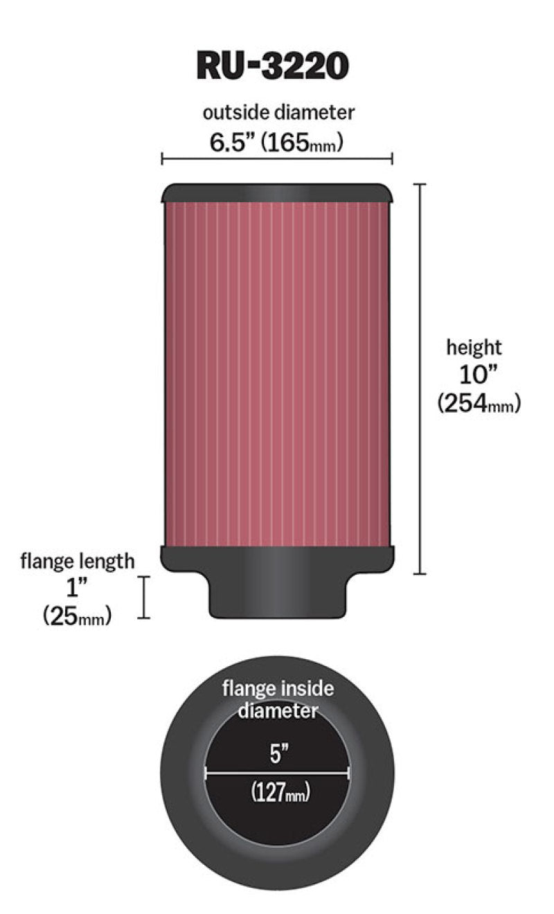K&N Engineering Universal Rubber Air Filter with 5-inch Flange ID, 6.5-inch Outer Diameter, and 10-inch Height