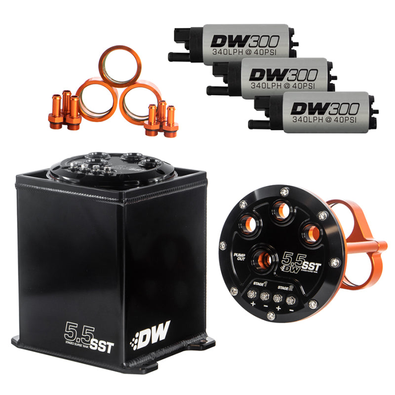 DeatschWerks 5.5L Modular Surge Tank with Three DW300 Fuel Pumps for High-Performance Automotive Applications