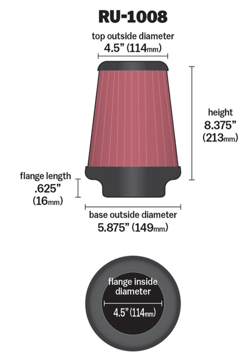 K&N Engineering Universal Clamp-On Air Filter 4-1/2 inch Flange / 5-7/8 inch Body - Model RU-1008