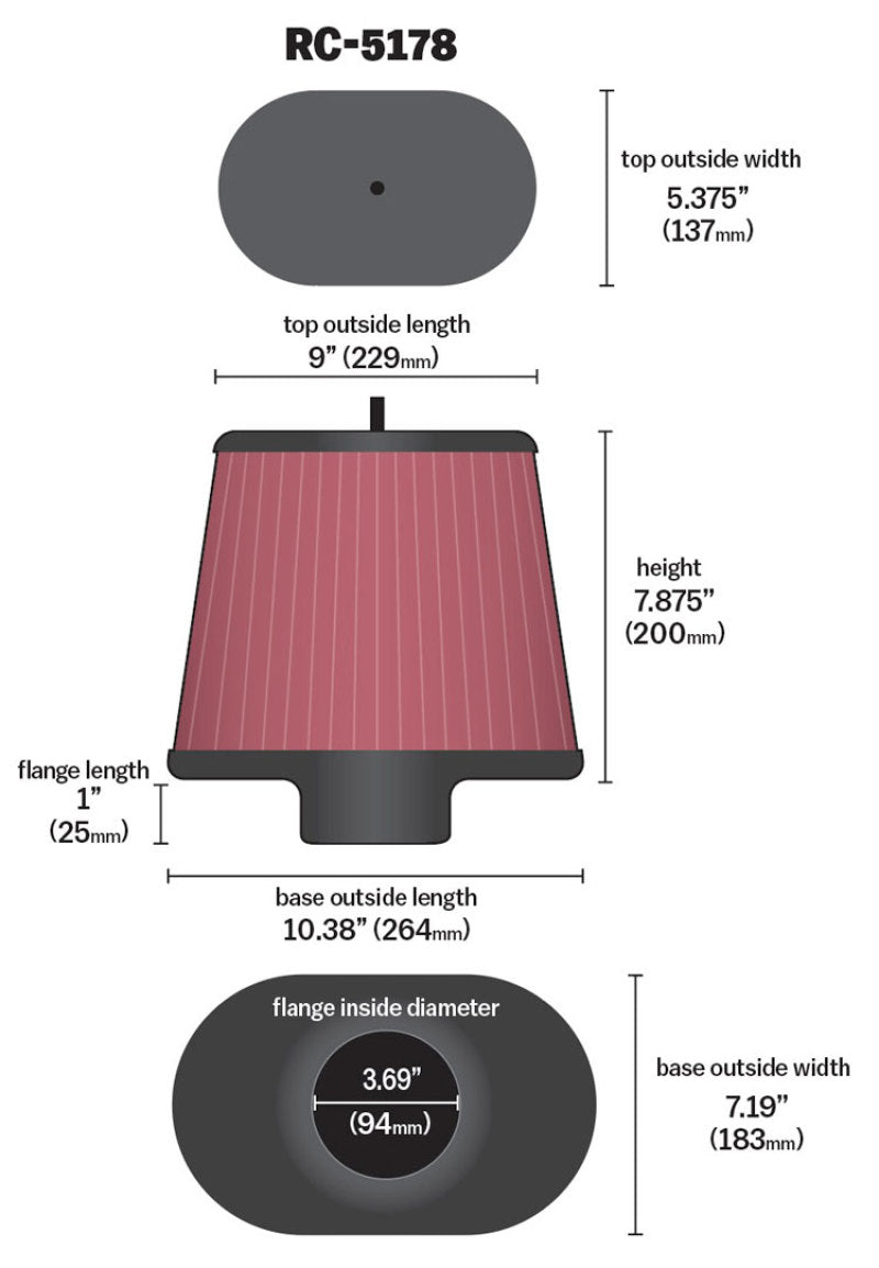 K&N Engineering RC-5178 Universal Air Filter - Oval Straight, 3.688-Inch Flange ID, 10.25-Inch Base Outside Length, 7.875-Inch Height for Ford F-250 Super Duty