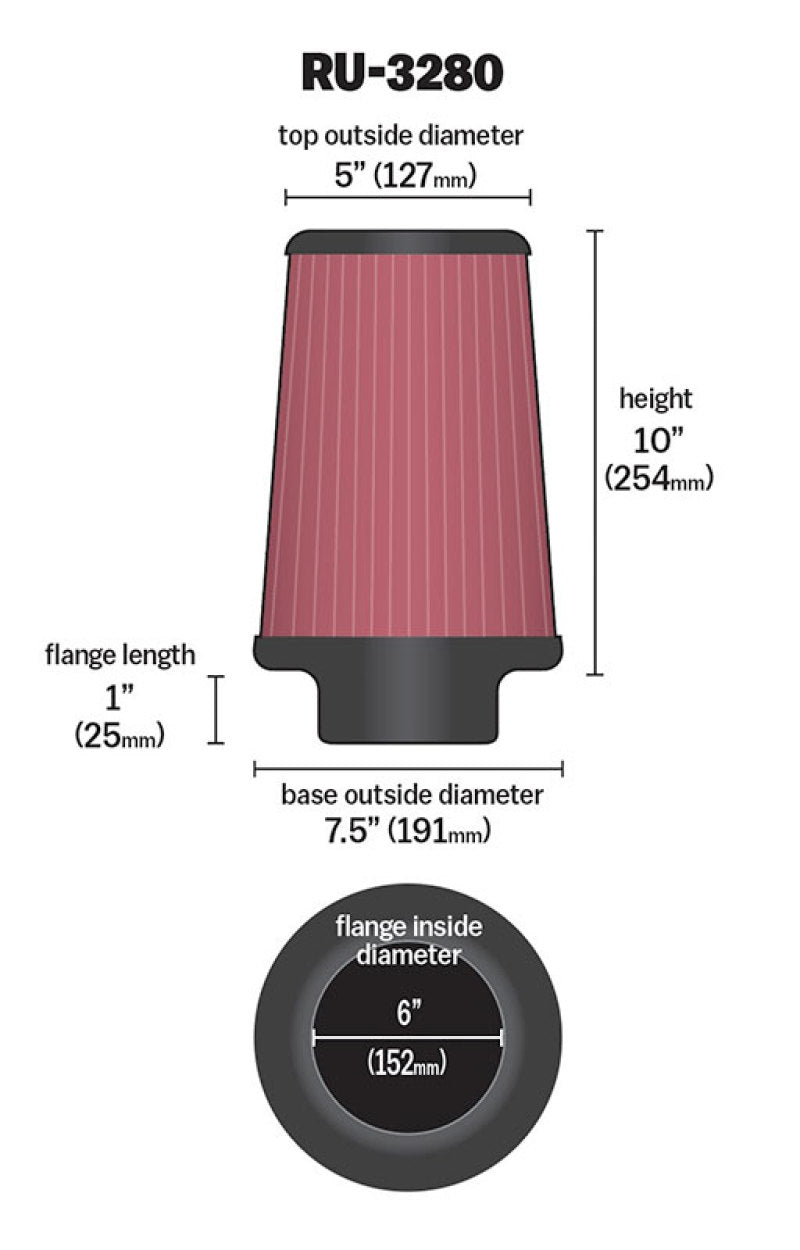 K&N Engineering Universal Rubber Air Filter with 6-Inch Flange, 10-Inch Height