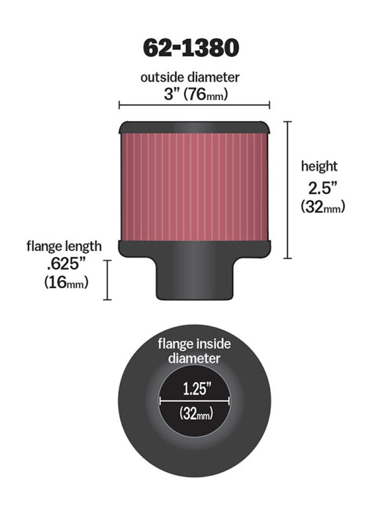 K&N Engineering 62-1380 1.25-inch Flange ID x 3-inch OD x 2.5-inch Height Rubber Base Crankcase Vent Filter