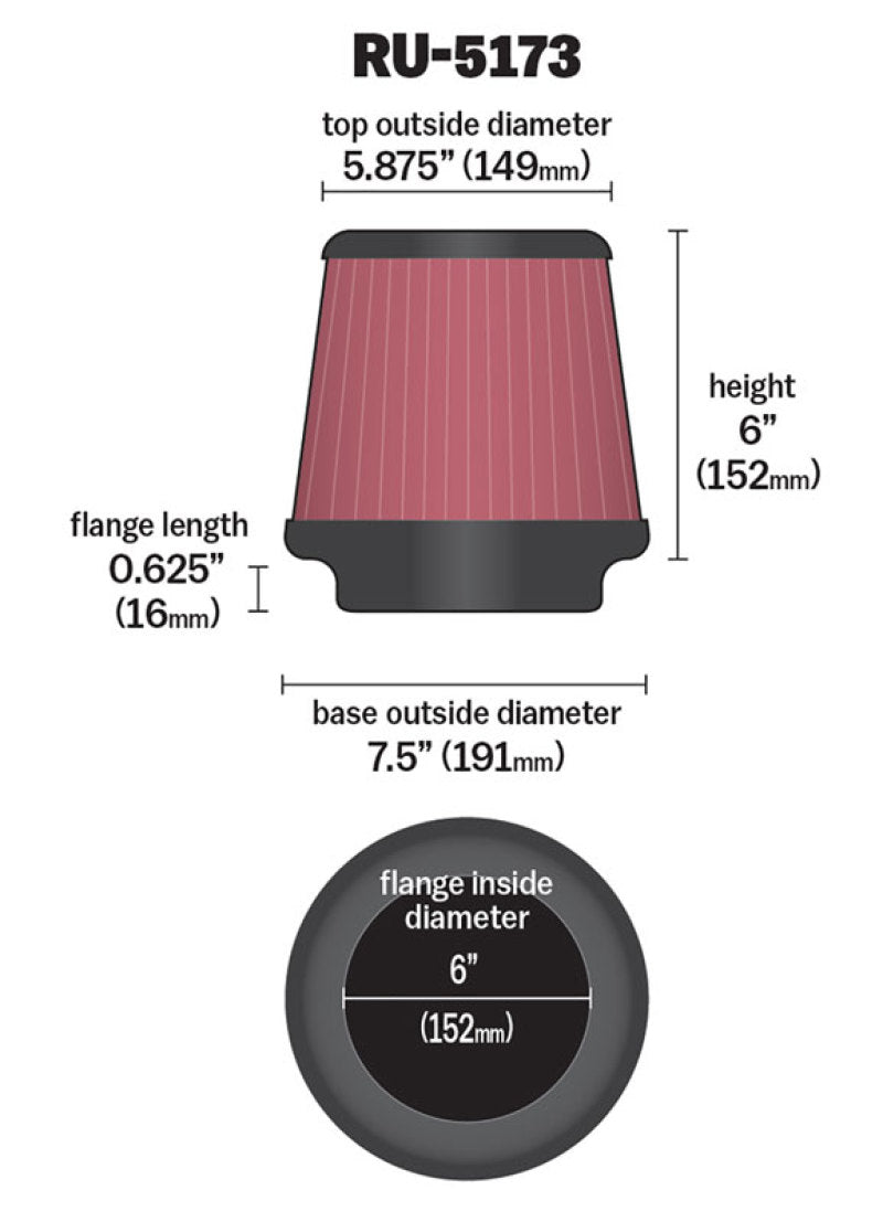 K&N Universal Clamp-On Air Filter for Ford F-250 Super Duty – 6-inch Flanged, 7-1/2-inch Base, 5-7/8-inch Top, 6-inch Height Part Number RU-5173