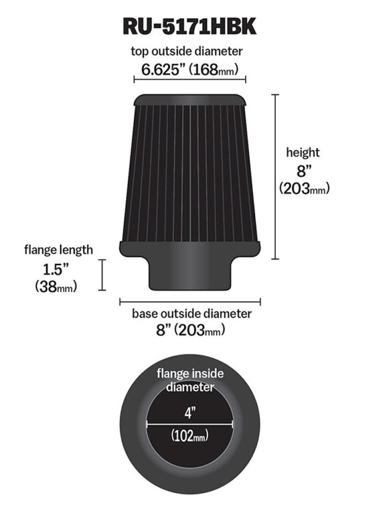K&N Engineering RU-5171HBK Universal Rubber Round Tapered Air Filter for Dodge Ram 2500 and 3500