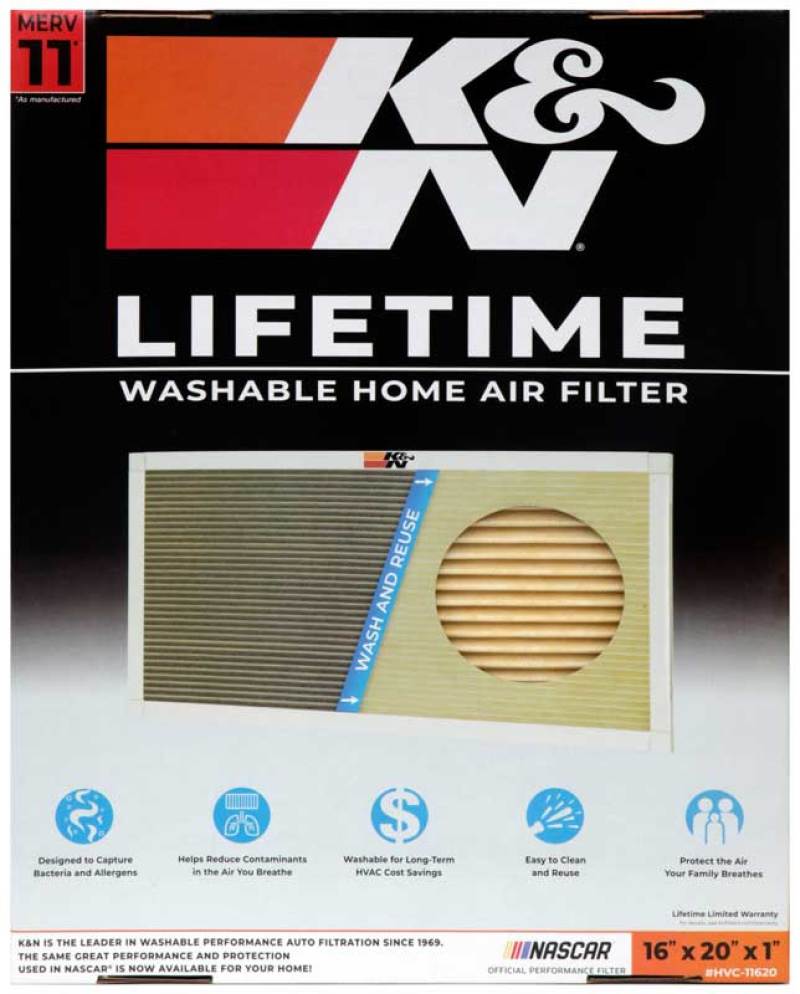 K&N HVAC Filter 16 x 20 x 1 - Washable and Reusable Air Filter with MERV 11 Rating