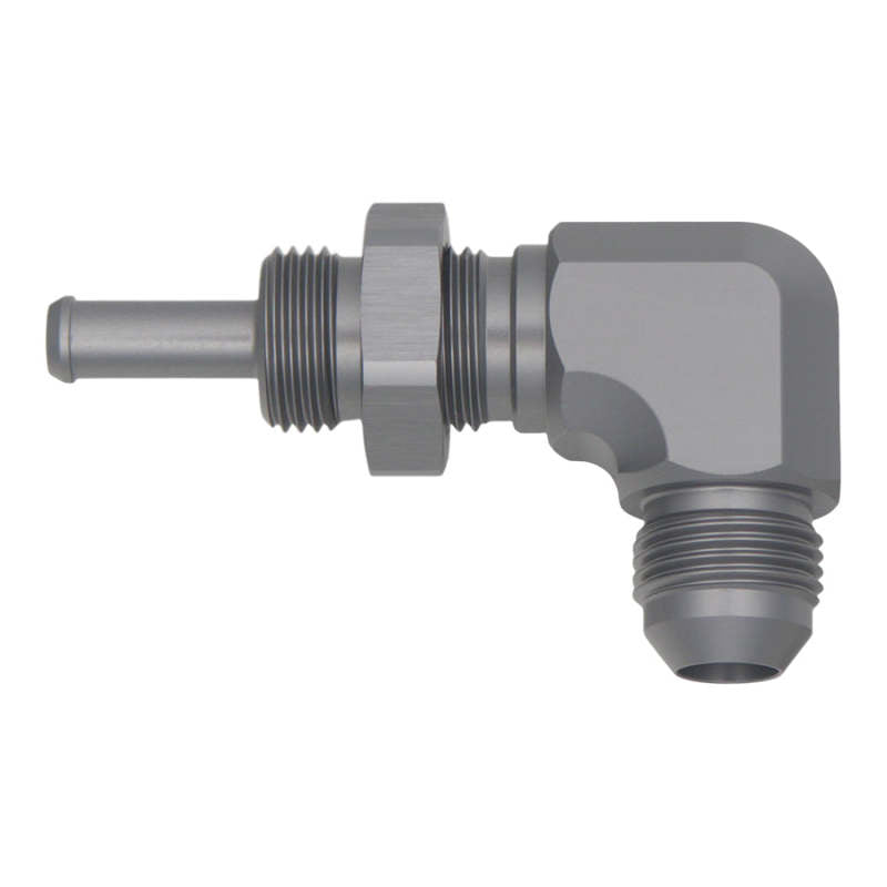 DeatschWerks 6-02-0713 8AN Male Flare to 5/16 Inch Male Barb Bulkhead Adapter 90-Degree, Anodized Titanium
