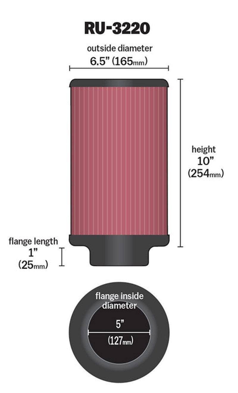 K&N Engineering Universal Rubber Air Filter with 5-inch Flange ID, 6.5-inch Outer Diameter, and 10-inch Height