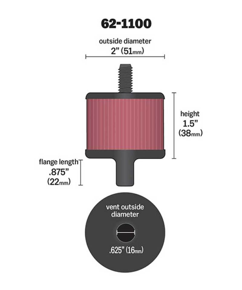 K&N Engineering 62-1100 Steel Base Crankcase Vent Filter – 0.5 Inch Vent OD, 2 Inch Diameter, 1.5 Inch Height