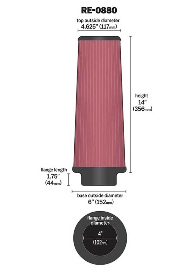 K&N Engineering Universal Rubber Air Filter – 4 inch Flanged, 6 inch Outer Diameter, 4-5/8 inch Outer Diameter Top, 14 inch Height