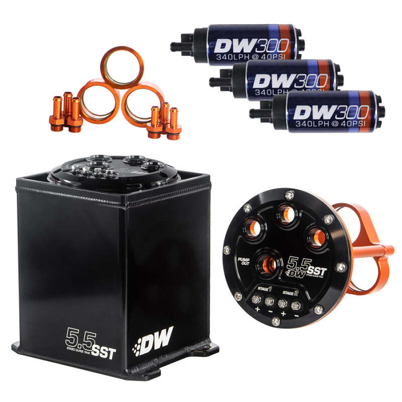 DeatschWerks 5.5L Modular Surge Tank with Three DW300 Fuel Pumps for High-Performance Automotive Applications