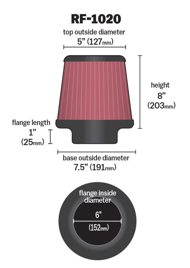 K&N Engineering Universal Air Filter with 6-inch Flange and 8-inch Height - Model RF-1020