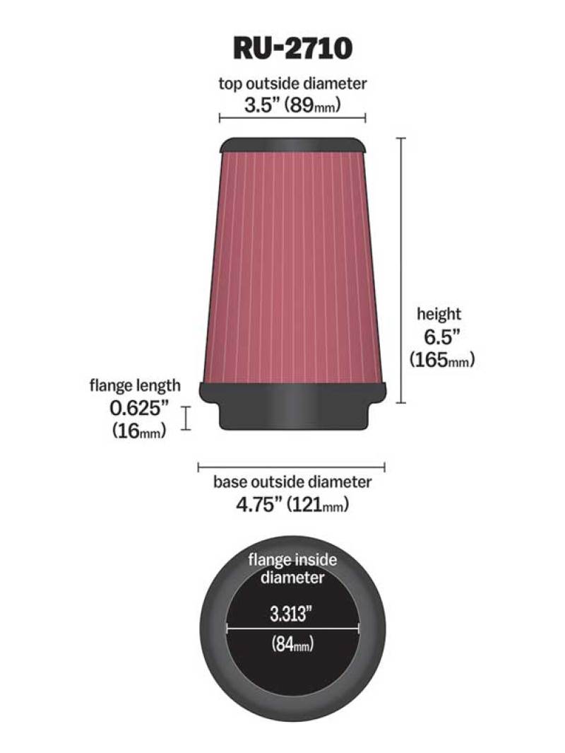 K&N Engineering Universal Rubber Round Air Filter, 3.31in Flange ID, 4.75in Base OD, 3.5in Top OD, 6.5in Height